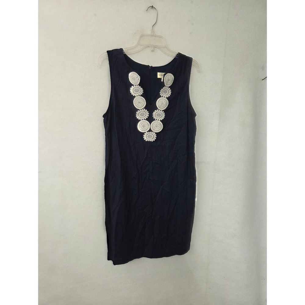 52seven Shift Dress Women Size M Navy Blue Linen Blend Crochet V-Neck Sleeveless